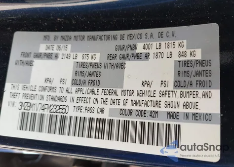 2015 Mazda Mazda3 I Touring from USA, damaged, VIN 3MZBM1V74FM232550